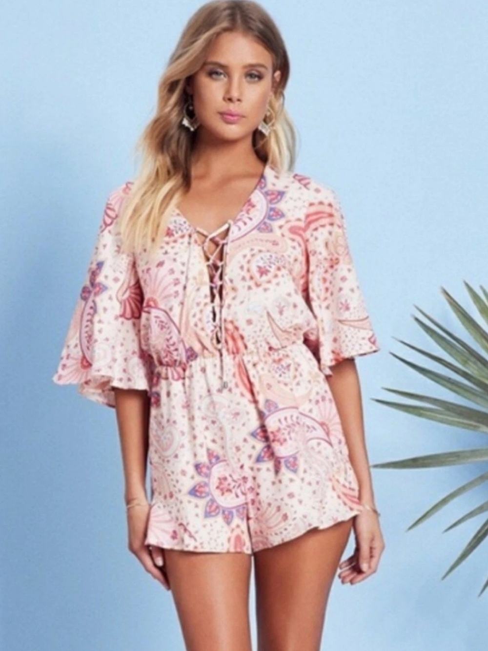 Lovers + Friends Epiphany Pink Paisley Lace-Up Romper Playsuit M